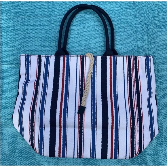 Unbranded Multi Colored Striped Tote Bag Red Interior Black Handles Casual - Picture 3 of 9